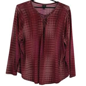 Worthington Lace Up Neck Womens Top Sz 3X Boho Flowy Burgundy Office Striped